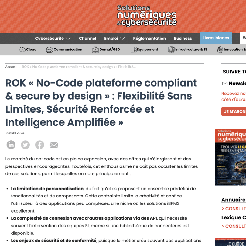 ROK article in Solutions Numériques about secure and compliant no-code