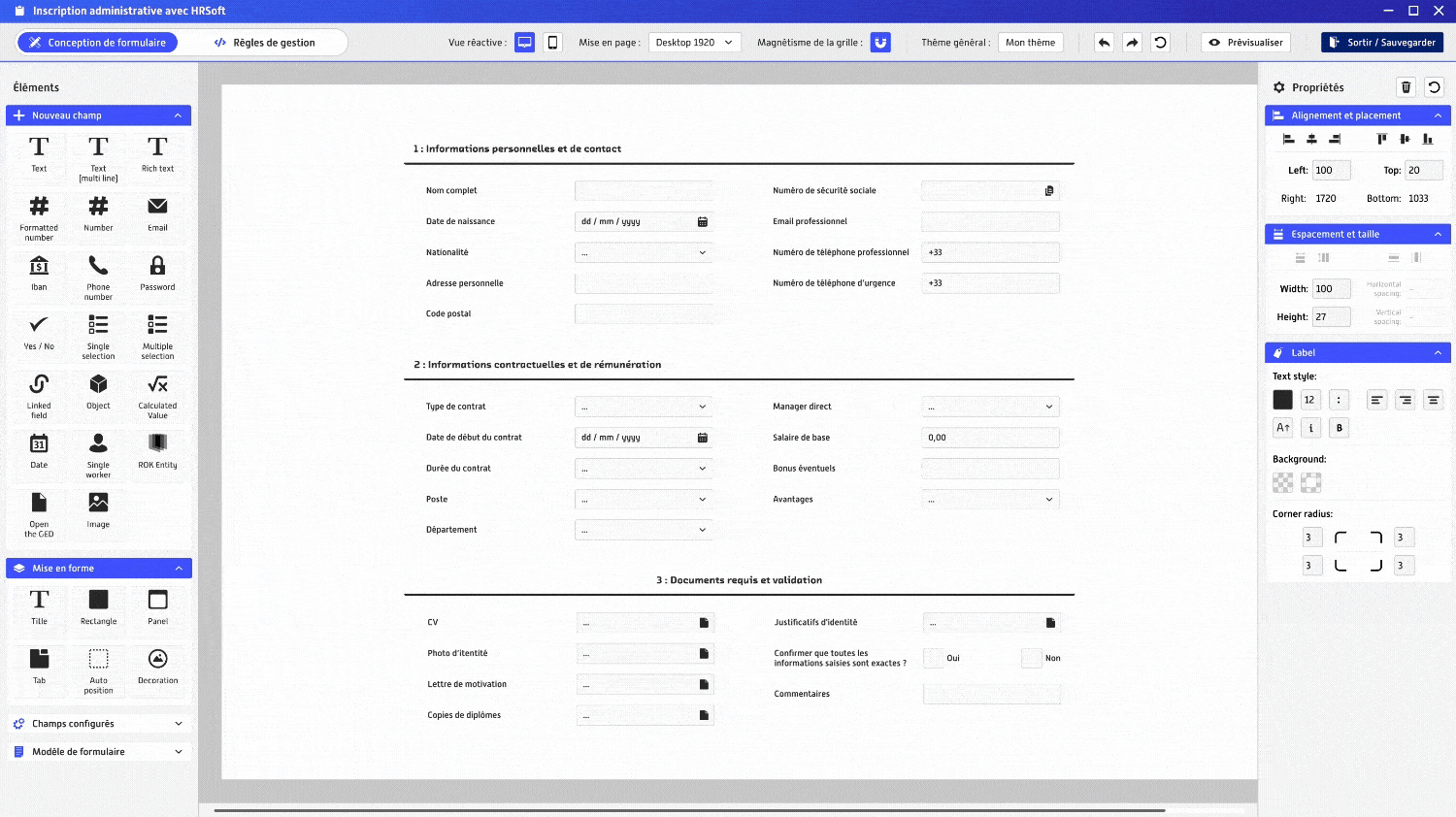 Interface ROK de création de formulaire avec champs personnalisés et mise en page visuelle