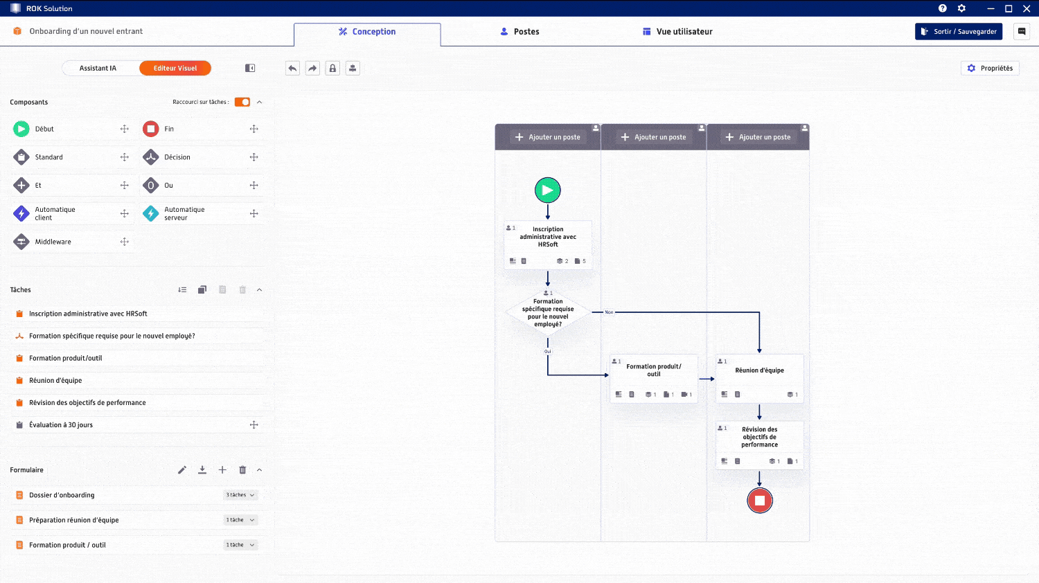 ROK interface showing visual workflow builder with steps, validations and conditions