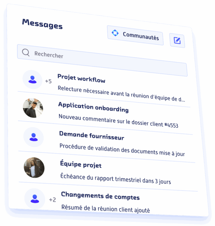 Interface de messagerie ROK Team Management avec conversations liées aux projets, workflows, procédures et documents.