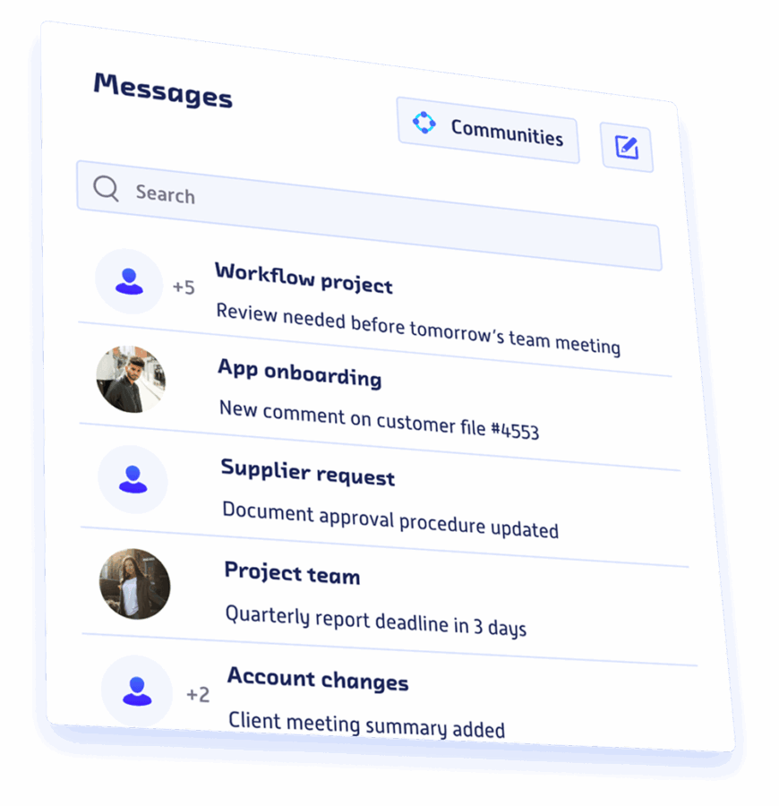 ROK Team Management messaging interface with conversations linked to projects, workflows, procedures and documents.