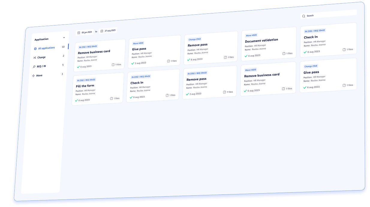 ROK web portal history view showing completed tasks with filters by application, date and task details.