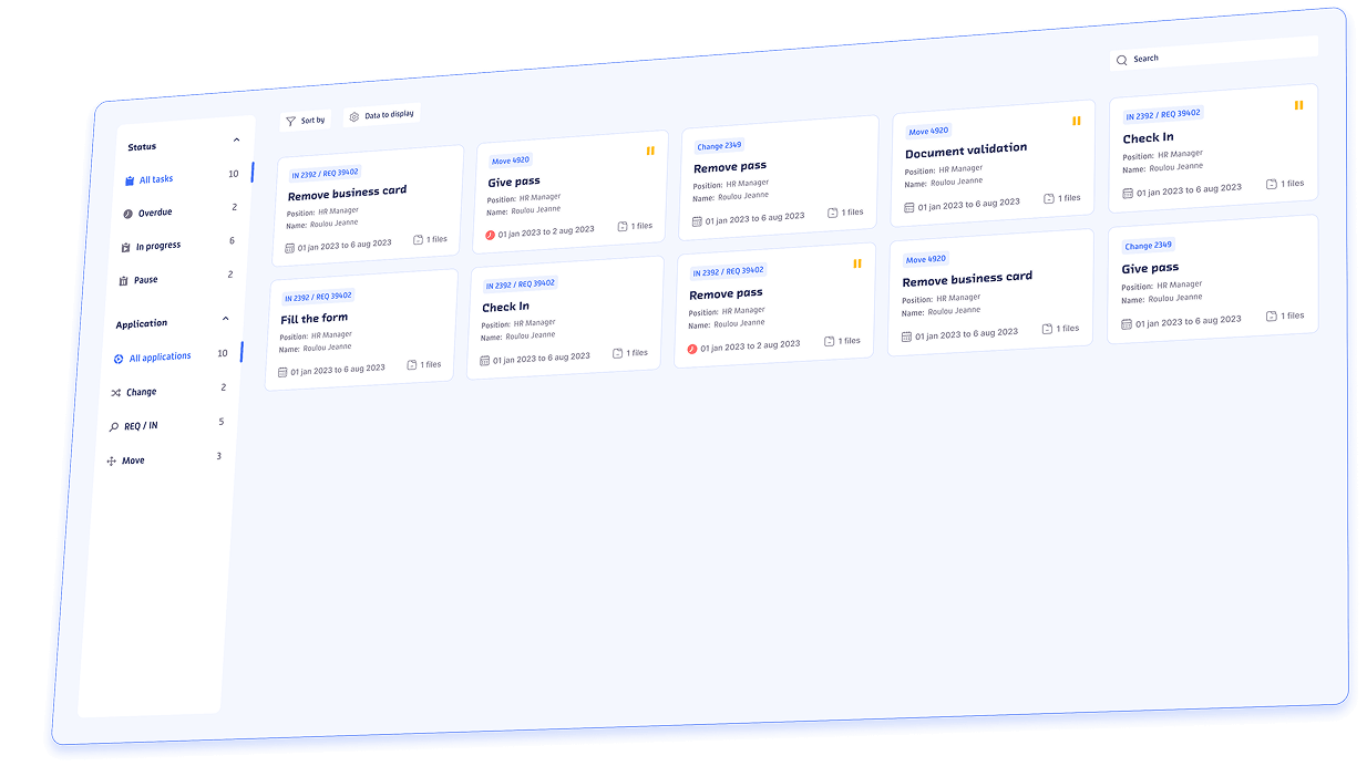 ROK web portal task list with filters, task statuses, overdue indicators and enriched task cards.