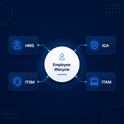 Diagram showing HRIS, IGA, ITSM and ITAM connected around the employee lifecycle.