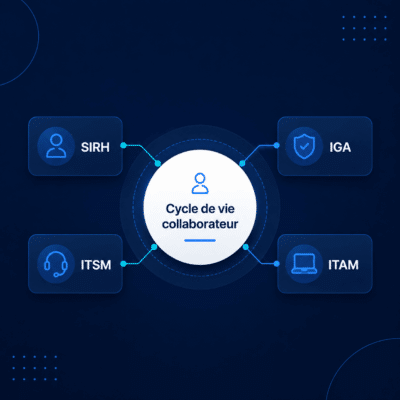 Schéma du cycle de vie collaborateur reliant SIRH, IGA, ITSM et ITAM autour d’un même flux.